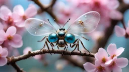 cuteness overload, contoured, surrealism, close up photography of a close up cute tiny transparent ghostly little happy dreamy bug filled with detailed tiny sakura flowers inside fully transparent body, on a tree branch, leaves, spring insanely detailed, ethereal, ice, X-Ray, glass, sculptural, anatomical, unmaterial, epoxy jewel design , looking in camera, sky, sleek, modern, fairytale, fantasy by Andy Kehoe, soft sepia, artistic water drops, dynamic pose, tender, soft pastel colors, octa