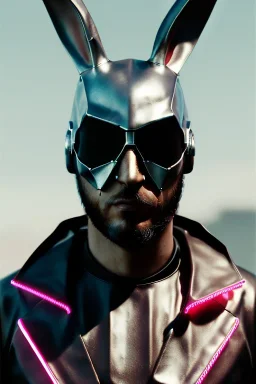 Medium Close Up Portrait, Front image. cyberpunk, rabbit mask, sweet woman, black hair and beard. latex suit army. Silver, red, white, color. Cyborg style. Color background, photo studio. highly detailed, concept art, smooth, unreal engine 5, ray tracing, RTX, lumen lighting, ultra detail, volumetric lighting, 3d, finely drawn, high definition, high resolution.