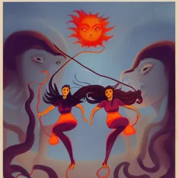 Two women skipping with a rope, demons and angry gods fight in the background, in the style of a Michael Moorcock book cover.