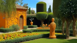 An orange oasis with fruit trees designed in Moai statues painted by Gustav Klimt