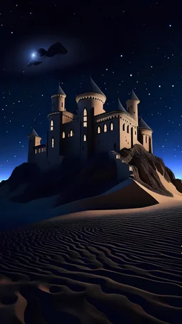castle in the desert with sand waterfalls falling from it at night