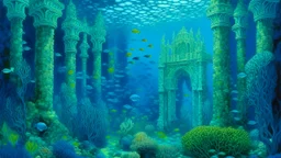 A blue underwater kingdom designed in ancient Roman mosaics painted by Claude Monet