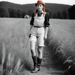 [photo by Helmut Newton] Grown up Pippi Longstocking: with a revealing overalls and cowboy boots in a field