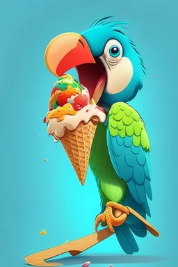 Cartoon parrot eating ice cream