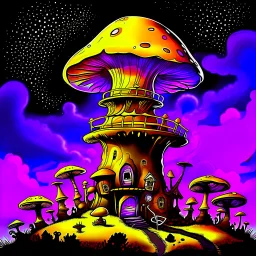 A fantabulous black, yellow, and purple (((mushroom tower house))) erected atop a (geologic pillar), surrounded by the uncanny imaginative ((( swirling skies))), offset by the stark hues of a (neon-tinged nebulous space scape), within. captured by the hand a skilled master painter with a focus on (softly blurred compositions and voluminous lighting).