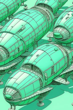 Mint colored airships shaped like peppermints painted by MC Escher