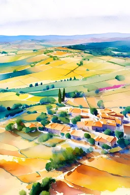 colourful aerial view of Raino Spain landscape in watercolor in oil on canvas
