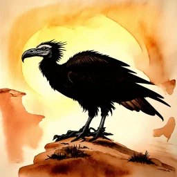 Nature watercolor heavily diffused with long rough brush strokes, surreally stylish, featuring an impression of a fantastical sinister vulture standing on a boulder in the painted desert, sunset, dramatic shadows, complex contrast, reminiscent of Frank Frazetta's style, enigmatic, with a subtle outline of a bone half buried in the sand.