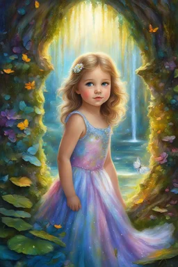 Masterpiece, best quality, digital painting style, adorable digital painting, beautiful fantasy art, colorful. In a dress spun from dreams and pure delight, A pretty little girl with hair so bright, Her big blue eyes, a window to her soul, In a fairy fountain's shimmering aureole. Beneath a big alder with colors so bold, Mosses whisper secrets, stories untold, In this magical world, vibrant and alive, She finds wonder in each vivid hue, jive.