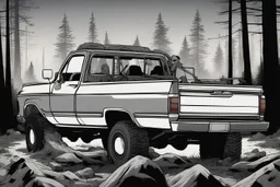 pickup truck, rear, forest, standing, silhouette, comic book,post-apocalypse, gray background, night time,