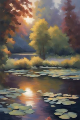 Generate an impressionist-style oil painting of a tranquil pond. Use brushstrokes to blend colors, capture the play of light and color, and put in a warm glow of dappled sunlight