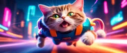rocket ship cat captain in high speed pursuit among neon rats, with background motion blur