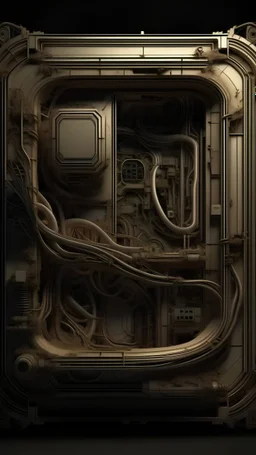front view of a frame floating in black space, Realistic, beige, silver, red, cyberpunk, biomechanical, rusty