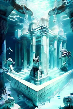 Atlantis dungeon with white marble many knight statues and a great pool of water with a chrome cube floating over it