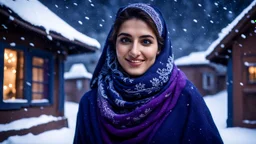 Hyper Realistic Photographic Low-Angle View Of A Beautiful Young Pashto Woman With Beautiful Eyes Lips & Nose (Wearing Beautiful Navy-Blue Frock With Purple Embroidery & White-Wool Scarf With Her Long Black Whirling) Happily Standing & Smiling Outside Her Navy-Blue Village-Style House At Heavy Snowfall Night Showing Dramatic & Cinematic Ambiance.