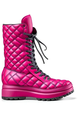 Fuxia puffer boots with a grey embossed large grid pattern and a fuxia sole