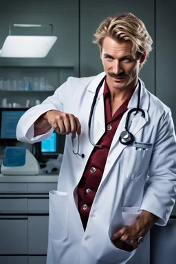 Mid-thirties, Caucasian male doctor, kind smile, messy blonde hair, blonde thick mustache, pale blue eyes, broad shoulders, muscular, six foot, Hawaiian shirt under white lab coat, bloodstains at the edges of the lab coat. Strong Jaw line, surrounded by shadows, photo realistic