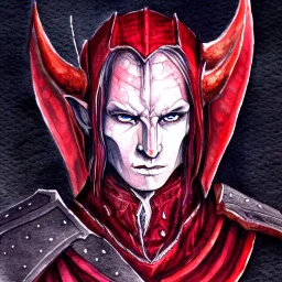 dnd, fantasy, watercolour, portrait, ilustration, elf, dark lord, armour, satanic, red, black