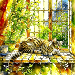 photorealistic, high-resolution image of a grey tabby cat sleeping on a sunny wooden windowsill next to various potted plants. The cat, with light brown and black stripes, lies on its back, paws up, basking in a ray of golden sunlight that illuminates its fur. The window in the background features an amber curtain on the left, and a wooden frame separates the panes. Outside the window, soft golden light suggests either sunrise or sunset, with blurred foliage visible. On the windowsill, several t
