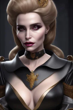 Constance Langdon as evil queen in black leather, busty, cleavage, angry, stern look. character design by fenghua zhong. unreal engine 5, artistic lighting, highly detailed, photorealistic, fantasy