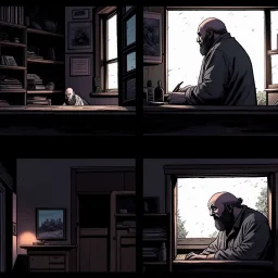 comicbook, 2 panels, muted colors, in the left panel, a fat, bearded man watches the tv, (in the right panel, (side angle view:1.2)of the tv), background is a haunting dimly lit, decrepit room.The atmosphere should be chilling, with shadows and decay adding to the eerie ambiance.