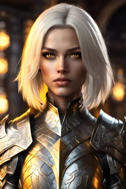 yellow eyes, female paladin aasimar, platinum blonde bob hair, detailed ornamental armor, 8k, high detail,tavern background, facing viewer