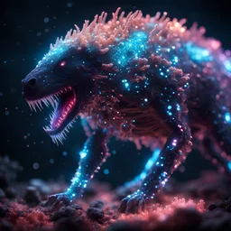bioluminescent carnivore creature, covered with glowing crystals, glowing particles in air, bright colors, glowing sparkle particles, dark tone, sharp focus, high contrast, 8k, incredible depth, depth of field, dramatic lighting, beautifully intricate details, clean environment, epic dynamic scene, photorealistic cgi