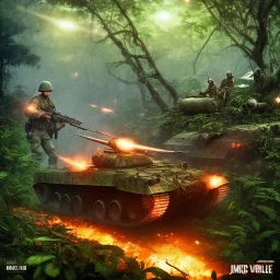 vietnam war. jungle. cd cover. bokeh. lens flare. warm lights. high detailed