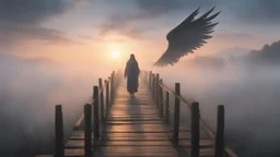 walking straight ahead over a wooden bridge, holding the angel of death with your right hand, entering the fog at the end of the road that leads to the afterlife, and a beautiful sunset and galaxy's behind the fog, realistic