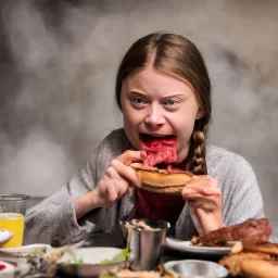 Greta Thunberg eating human meat burger oozing with grease.full body, fantasy setting, real photo, soft lighting, blood dripping from face