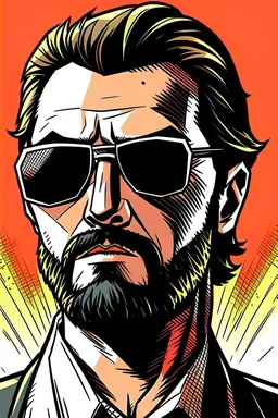 man wearing sunglasses who looks like Hans Gruber with a judgmental look on his face comic book style