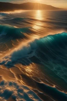 magic sea, realistic, professional photo, 4k, top view, sanset, surf