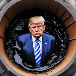 sad Donald Trump inside a barrel of crude oil, covered by dark slime