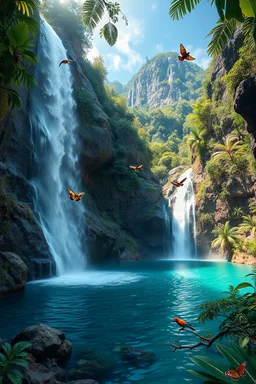 Ultra realistic landscape photo captured from the base of a majestic natural waterfall, crystal-clear water cascading over rugged rock cliffs into a pristine pool, viewpoint from beneath the waterfall looking out across a breathtaking tropical valley, lush exotic rainforest vegetation, diverse realistic tropical flora, colorful tropical birds perched on branches, butterflies flying naturally through the scene, dense jungle surrounding the area, soft morning sunlight filtering through the canopy,
