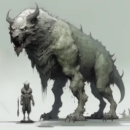 A terrible creature with a wolf's head and a human body