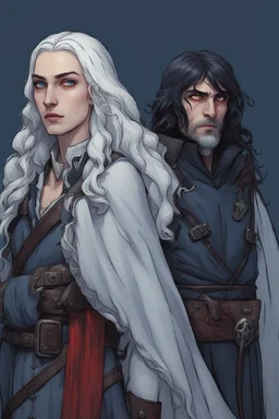 A couple, from the dnd game curse of Strahd. The woman has long white hair and blue eyes, the man has LONG BLACK hair and red eyes, no facial hair.