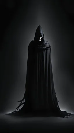 Promo style. Scary figure in a black mantle on black background