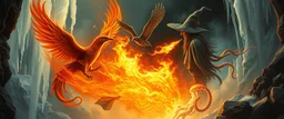 fire smoke and fog and light rays, phoenix jellyfish stingray octopus bird witch in icy waterfall looks beyond really powerful slapping a bird in the face with fire, fantasy illustration, in the style of Rembrandt