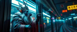 rasta rat priest king, cyberpunk setting, inspecting glass wall on the tram