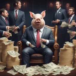 rich pig in suit on a throne making stacks of money by making a deal with a buisnessman. background of musicians