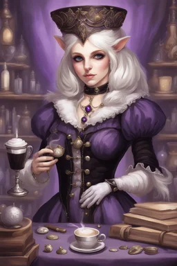 (anthropomorphic white ferret girl),dressed in ((cleric fantasy)) black and purple clothes with silver holy ornaments, realistic anatomy, fantasy tavern on background, mage and holy symbols around, serious face, hold cup of coffe, tired, pencne