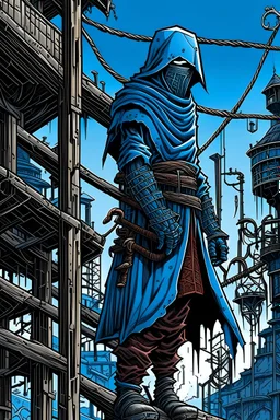 a Rene Magritte ninja on an industrial structure, in the style of detailed comic book art, azure and dark crimson, realistic hyper - detail, distinctive noses, leica r8, bold, manga - inspired characters, steampunk influences, by philippe francais, in the style of dark white and dark blue, twisted branches, psychedelic figuration, david bates, magic fairycore, high contrast chiaroscuro, vibrant figuration