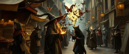 fantasy art, style of Rembrandt,Student prank gone wrong: Apprentice wizards from the Conclave of Silverymoon accidentally conjure a mischievous minor illusion (e.g., a swarm of butterflies or a caustic pheasant) in the market.