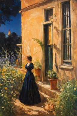 Night, vegetations, flowers, one woman, house, distant buildings, charles leickert, and ernst gustav doerrell paintings