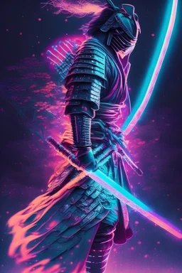 Mystical samurai emitting an aura with a long, neon sword emitting an aura