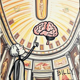 looking up at a roof of the Sistine chapel, mural is a crude crayon drawing of a stick figure old man touching a rough outline of a brain with one finger, stick figure drawing, crayon signature says "BILLY" in a child's scrawl with the 'B' backwards, concept art, hyperreal