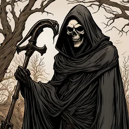 Unlike earlier personifications of death, the Grim Reaper has a ghoulish appearance that has made him a favorite Halloween costume for generations. The Reaper’s look starts with a long, black cloak. The cloak wraps all the way around the specter’s body and shrouds his face beneath a deep hood. It is usually loose and tattered, so that bits of black flutter in the wind as the Reaper moves. In his hand, the Reaper carries a scythe, a long pole with a curved blade fixed to the top. The scythe is
