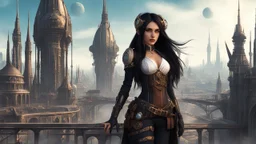 Exotic sci-fi steampunk skinny girl, with long dark hair, in an alien city, tall spires, buildings, bridges, and arches