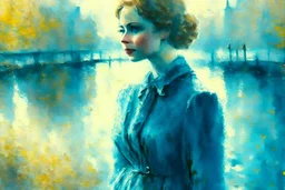 closeup of a Budapest sunshine beautiful oil painting kitten businesswoman van gogh style in blue dress on a misty morning. over a misty pond in the hieght of fall. Watercolour by Alison Brady. Pastel colours S<AI in sunshine, ethereal, otherwordly, cinematic postprocessing