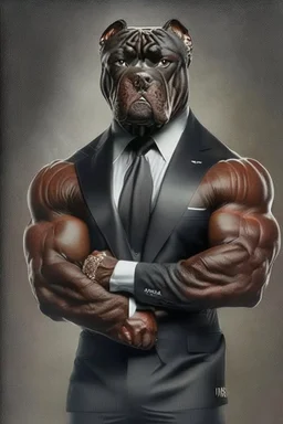 Bodybuilder Lee Haney with the face of a Rottweiler dog A dog's head instead of a person's head Only the player's body with a bulldog head on it He wears a luxurious black suit and holds a luxurious cigar